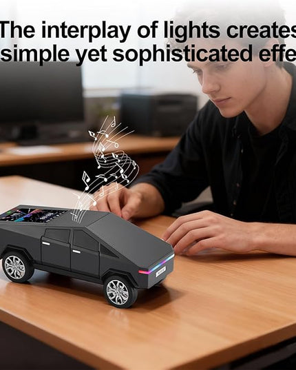 Futuristic Pickup Truck Replica Bluetooth Speaker with LED Display Screen – TWS Stereo, FM, USB/TF Playback, LED Lights, Built-in Mic, Gift for Car Lovers & Tech Fans (Black)