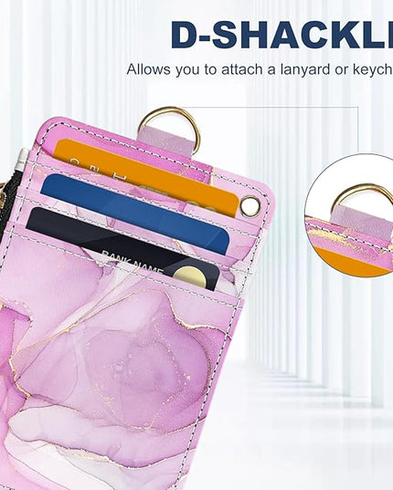 Slim Wallet Credit Card Holder, Pink Marble Pattern, RFID Wallet Women Cute Small Front Pocket Wallet With Zipper, PU Leather Thin travel RFID Blocking Card Case ID Window,Ladies Gifts