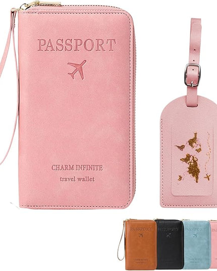 Multi-Functional RFID Passport Wallet Set, Blocking Passport Holder Travel Wallet, Holds Phones, Anti-Theft Protective Case with Multiple Card Pockets for Secure Travel Essentials (Pink)