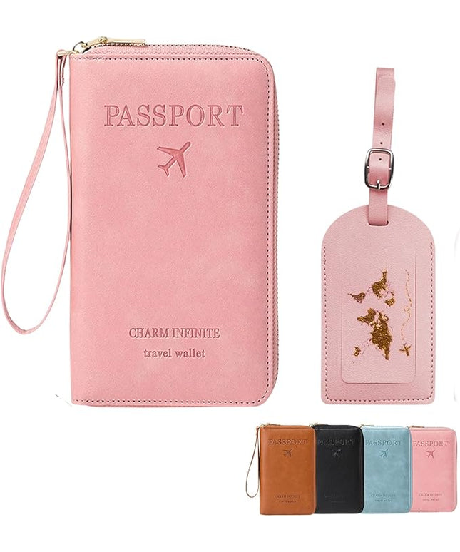 Multi-Functional RFID Passport Wallet Set, Blocking Passport Holder Travel Wallet, Holds Phones, Anti-Theft Protective Case with Multiple Card Pockets for Secure Travel Essentials (Pink)