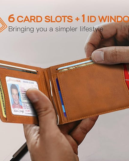 RUNBOX Slim Wallet for Men Genuine Leather RFID Blocking Bifold Minimalist Front Pocket Mens Wallet with Money Clip Thin Gift Box
