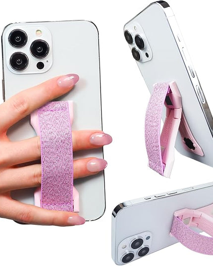 LOVEHANDLE PRO Premium Phone Grip - Elastic Phone Strap - Magnetic Phone Mount and Kickstand for Smartphone and Tablet - Pink Glitter