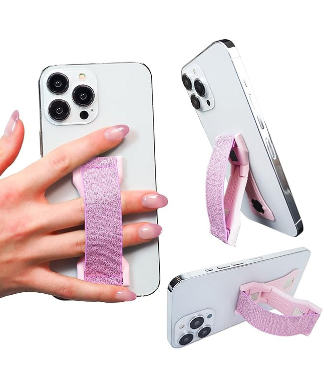 LOVEHANDLE PRO Premium Phone Grip - Elastic Phone Strap - Magnetic Phone Mount and Kickstand for Smartphone and Tablet - Pink Glitter