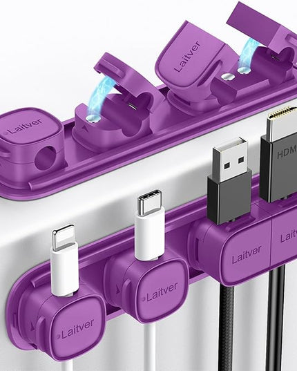 6 Pack Magnetic Cable Clips [1s Open/Lock], Laitver Cord Organizer Holder Strong Adhesive Desk Cable Management- Organize Charging Cords Neatly for Home, Office, Car,Desk, Nightstand-Deep Purple