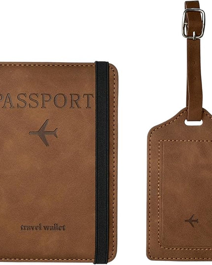 Luggage Tag and Passport Holder Set,Passport Cover with Card Slot and Boarding Pass Slot Combo,Passport Travel Must Have, Waterproof and Scratch Resistant Travel Accessories（Brown）