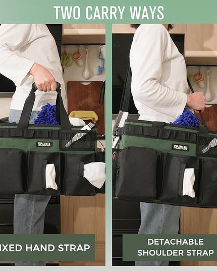 Wearable Cleaning Caddy Bag, Cleaning Caddy Supplies Organizer with Handle & Shoulder Straps for Housekeepers, Under Sink & Car Cleaning Tool Organizers with 4 Foldable Divider (TreeGreen)