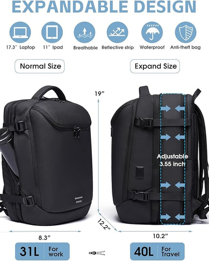 Vacuum Backpack Travel with Pump, 40L Expandable Carry on Compression Backpack Flight Approved for Women Men Fit 17 Inch Laptop with USB Charging Port Business Weekender