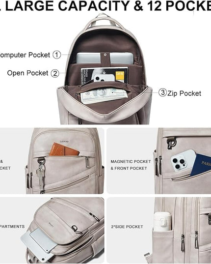 43L Backpack for Women Men - Vegan Leather Backpack Purse Travel Carry-on Bag College Bookbag Work fits 17" Laptop,Ash Gray Retro