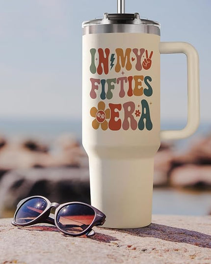 Shqiueos 50th Birthday Gifts for Her 40oz Tumbler with Handle and Straw Lid, 50 Year Old Gifts for Women, Mom, Wife, Sister, Friend, 50s Birthday Decoration-In My Fifties Era Cup Water Bottle