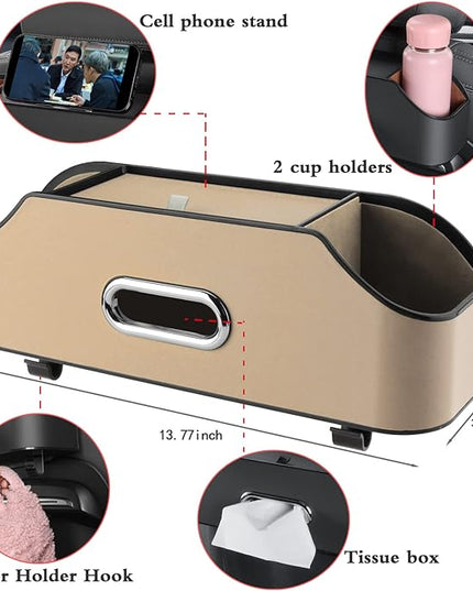 HOLDCY Car Back Seat Organizer with 2 Drink Cup Holder - Tissue Box and Storage Box Hook - Multi-functional Storage - Great for Kids and Travel (Beige)