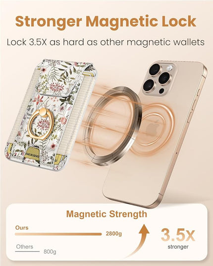 Shorogyt Compatible with Magsafe Wallet with Grip Magnetic Card Holder - Cute Phone Wallets with Ring Stand for iPhone 17/16/15/14/13/12 Series for Women Girls Flowers Design, Fit 7 Cards