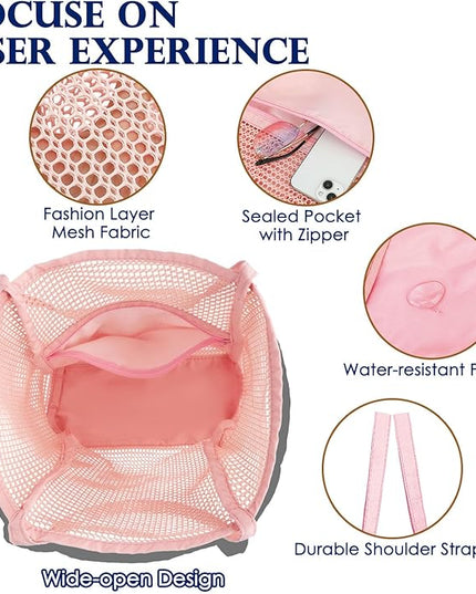 Mesh Beach Bag, Large Beach Tote with Zipper Pocket, Toys Pool Bag for Family Travel Vacation Cruise Essentials