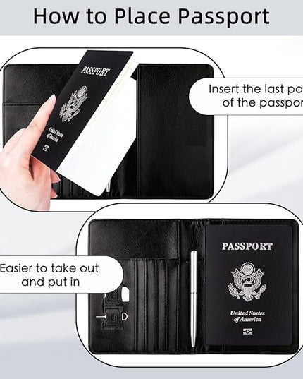 WALNEW Passport Holder for Travel, RFID Passport Cover Wallet for Women Men, PU Leather Passport Book Card Holder Case with Pen, Travelling Essentials for Flying