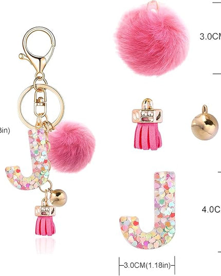 Resin Alphabet Initial Letter Keychain Keyring for Women Purse Handbags With Fur Ball Pom