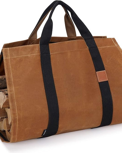 INNO STAGE Firewood Log Carrier Tote Bag with Super Strong Double Straps for Reinforce, 16oz Waxed Canvas Heavy Duty & Long Lasting for Wood Hay Hauling for Fireplace or Outdoor Camping-Rust Color