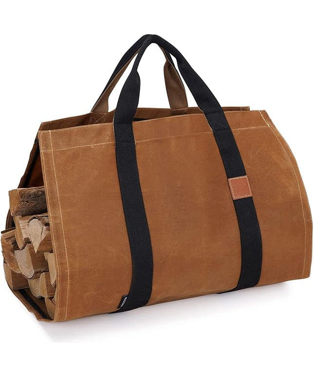 INNO STAGE Firewood Log Carrier Tote Bag with Super Strong Double Straps for Reinforce, 16oz Waxed Canvas Heavy Duty & Long Lasting for Wood Hay Hauling for Fireplace or Outdoor Camping-Rust Color