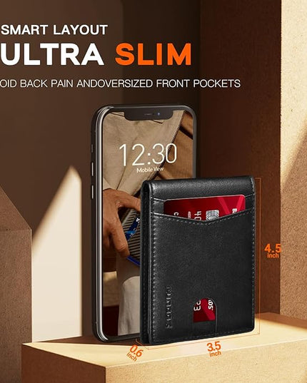 RUNBOX Wallet for Men Slim Leather Bifold RFID Blocking Minimalist Front Pocket Design with Gift Box
