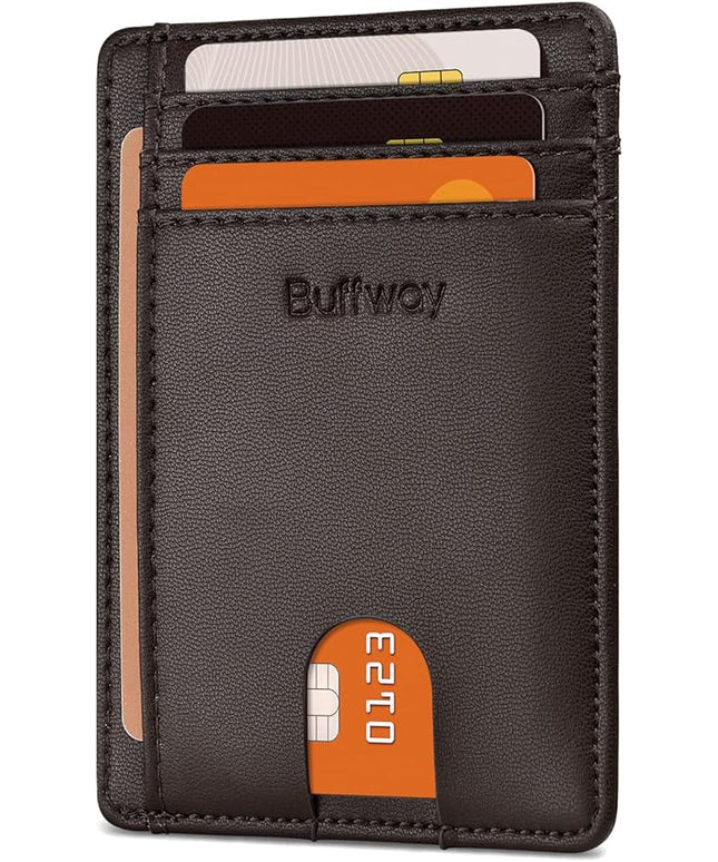 Buffway Slim Minimalist Front Pocket RFID Blocking Leather Wallets for Men and Women - Sand Chocolate