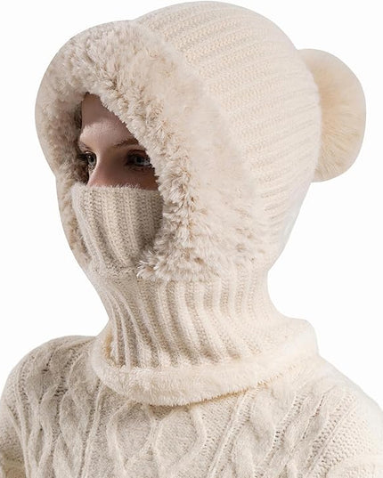 HUAMULAN Women Winter Beanie Hats One Piece Fleece Lined Knit Balaclavas Mask Set Skull Neck Circle Scarf Ski Snow Hat Pompom