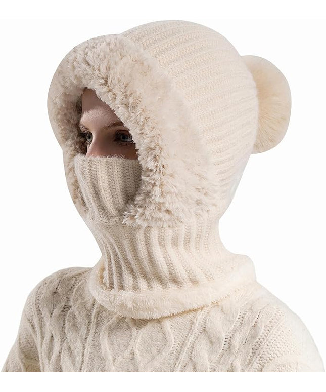 HUAMULAN Women Winter Beanie Hats One Piece Fleece Lined Knit Balaclavas Mask Set Skull Neck Circle Scarf Ski Snow Hat Pompom