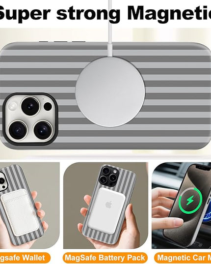Magnetic for iPhone 14 Pro Case Cute Stripes Phone Case, Shockproof Slim TPU and Hard PC Protective Phone Cover Compatible with MagSafe Designed for Women Girls, Gray