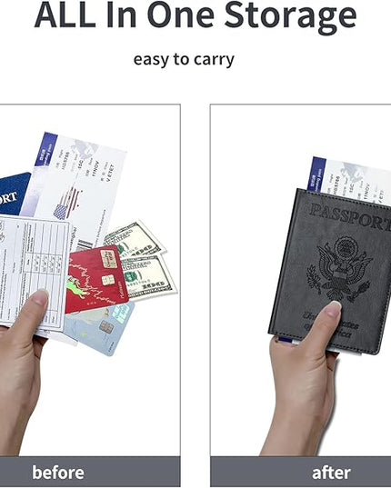 Passport Holder Cover Wallet Case RFID Blocking Leather Card Slot Travel Accessories Documents Organizer Protector for Women Men, Black