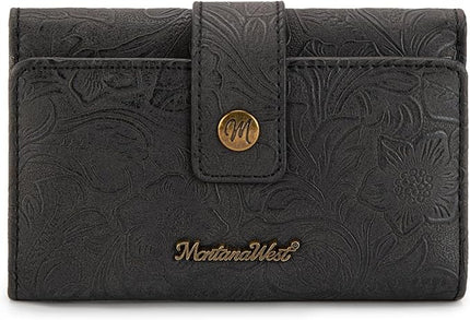 Montana West Small Black Wallet for Women Western Embossed Floral Wallet Trifold Credit Card Cash Wallets Ladies Female Travel Clutch Wallets with ID Window