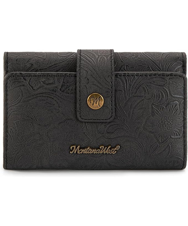 Montana West Small Black Wallet for Women Western Embossed Floral Wallet Trifold Credit Card Cash Wallets Ladies Female Travel Clutch Wallets with ID Window
