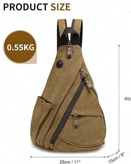 Vintage Canvas Sling Bag with Genuine Leather Zipper, 3 in 1 Crossbody, Backpack, and Chest Bag, for Travel, Hiking, 16x10x6 Inches, Coffee