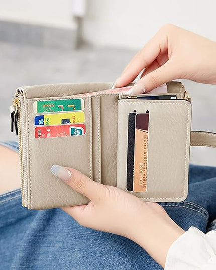 AOXONEL Women's Wallets Leather Wallets for Women Rfid Small Ladies Wallet Billfolds for Women,Trifold Mini Wallets for Women with Double Zipper Coin Pocket (Beige)