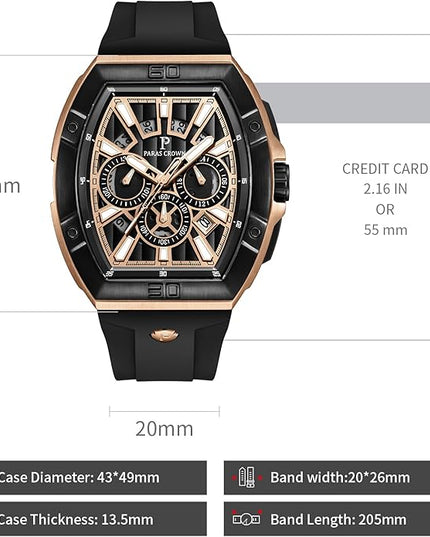 Paras Crown Watches for Men Tonneau 5ATM Waterproof Quartz Luxury Chronograph Analog Men's Wrist Watches Stainless Steel Case Mens Watches