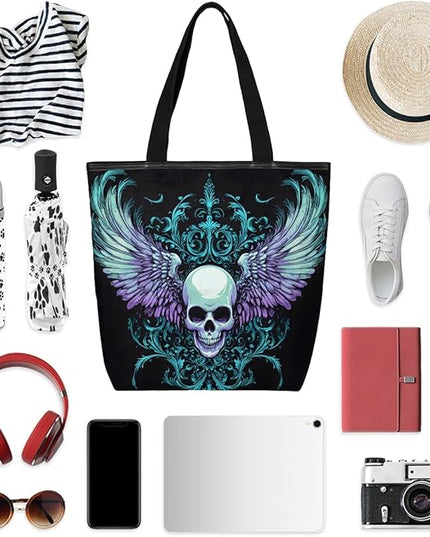 Pardick Gothic Skull Canvas Tote Bag, Eco Friendly Reusable Grocery Shopping Bags Beach Bag Book Tote Handbags Washable Shoulder Bag With Zipper Inner Pocket for Women Girls