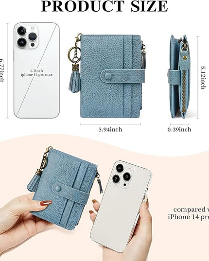 Blucoay Leather Wallet Women,RFID Blocking Small Wallet for Women Compact Card Holder Bifold Tassel Wallet Coin Purse With ID Window lzblue