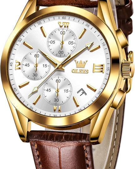 OLEVS Men's Chronograph Leather Watch, Big Face Easy to Read Analog Quartz Dress Watch, Casual Waterproof Luminous Hands Date Watches for Men, White/Blue/Black/Gold Dial