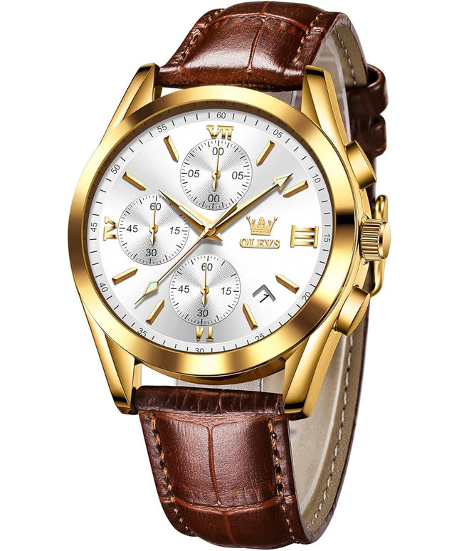 OLEVS Men's Chronograph Leather Watch, Big Face Easy to Read Analog Quartz Dress Watch, Casual Waterproof Luminous Hands Date Watches for Men, White/Blue/Black/Gold Dial