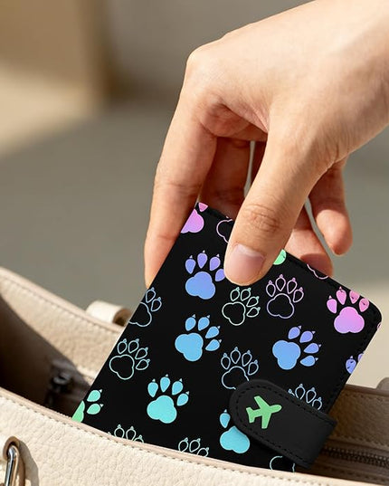 Passport Holder, Travel Wallet Cover with Pen Loop | Cute RFID Blocking Leather Case with Magnetic Closure for Travel Essentials-Pawprint