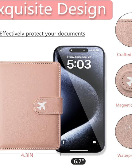 Passport Holder, Travel Wallet Cover with Pen Loop | Cute RFID Blocking Leather Case with Magnetic Closure for Travel Essentials-Pink