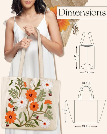 Embroidery Canvas Tote Bag for Women - Reusable Totes with Pocket & Buckle Aesthetic Cute Grocery Shoulder Bag