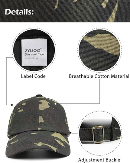 Zylioo XL XXL Oversize Baseball Cap, 100% Cotton Adjustable Dad Hat for Big Heads 23.5"-25.5", Soft Crown Large Size Cap