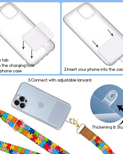 Phone Lanyard Wrist Strap Crossbody, Autism Puzzle Cell Phone Lanyard for around the Neck Wristlet Adjustable Strap Compatible with Most Smartphones for Keys Case ID Badges
