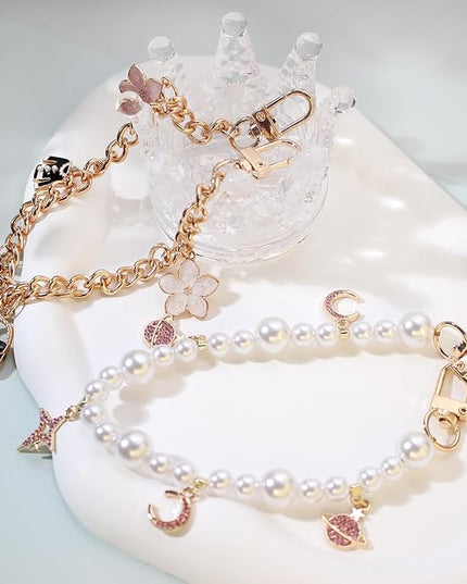 Pearl Beaded Phone Charm Wrist Strap,Cute Bracelet Wristlet Lanyard,Gold Double Chain for Phone Case,Purse Bag Wallet