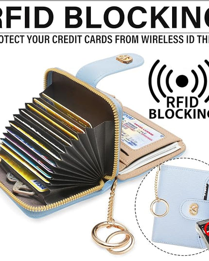 Multi-Purpose Wallet High Capacity Card Holder Zipper Coin Purse with Wristlet Bracelet Keychain Silicone Beaded Bangle Key Ring