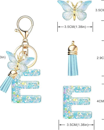 Fashion Alphabet Initial Letter Keychain Tassel Butterfly Pendant Key Ring for Purse Handbags Women Girl