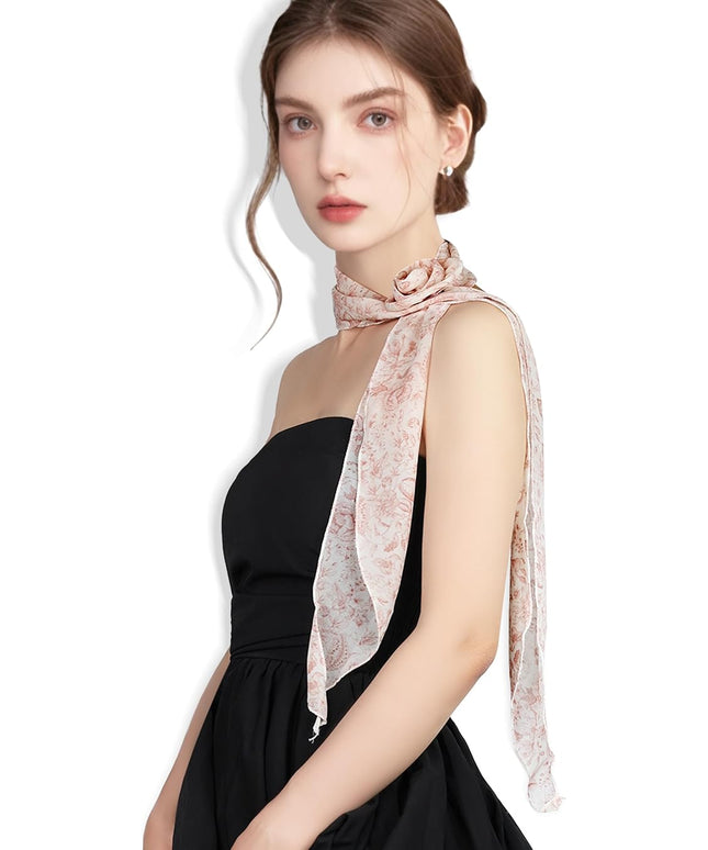 Chiffon Scarf for Women, Removable Flower Neck Scarf Light Soft Fashion Rose Scarves Versatile Headband or Hair Band