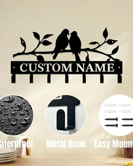 Personalized Custom Name Birds of Trees Wall Key Hooks,Metal Birds of Trees Art Clothes Hooks,Metal Birds of Trees Wall Home Storage Decorative,For Front Door, Hallway, Kitchen, Bedroom (Style D)