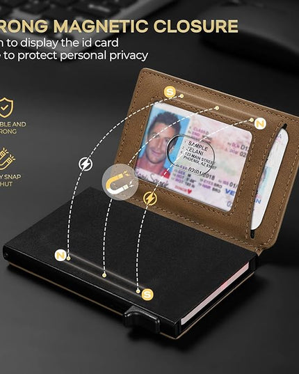 RUNBOX Slim Card Wallet for Men with ID Window – Minimalist RFID Wallet, Pop-Up Function, Ultra Thin Design, Metal Business Card Case Holds 8+ Cards, Gifts for Men, Men's Accessories