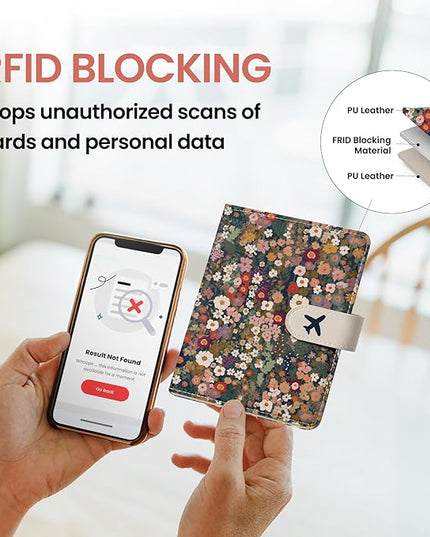 Passport Holder for Travel Essentials, RFID Blocking Leather Cover Wallet with Magnetic Closure, Aesthetic & Cute Passport Book Case for Women and Men - Flower
