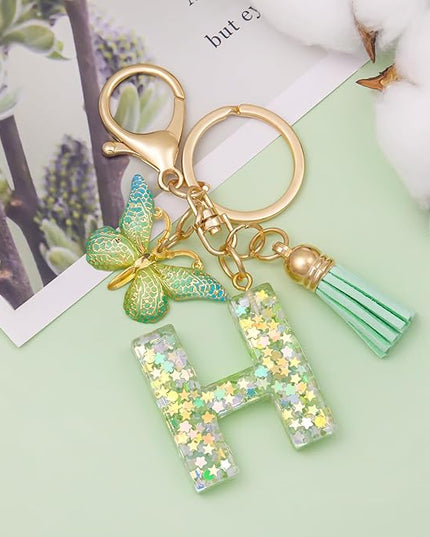 Fashion Alphabet Initial Letter Keychain Tassel Butterfly Pendant Key Ring for Purse Handbags Women Girl