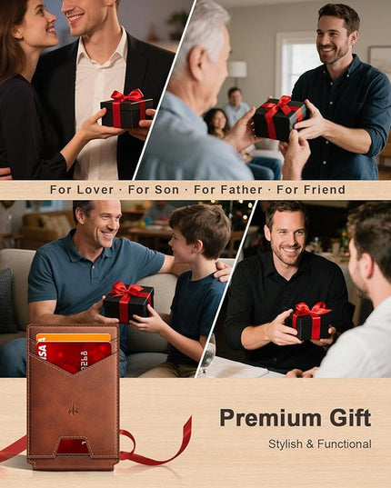 Ruiici Wallet for Men, Slim Minimalist Wallet with Money Clip＆ID Window, RFID Blocking Pop-Up Credit Card Holder, Smart Auminum Mens Wallet Holds 9-13 Cards (Gift Box) (Red Brown)