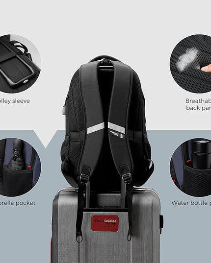 Swissdigital Design Laptop Backpack, Travel Backpack with USB Charging Port Fits 15.6 inches Computer, 31L College School Bookbag for Men, Blue/Black | SD803-12